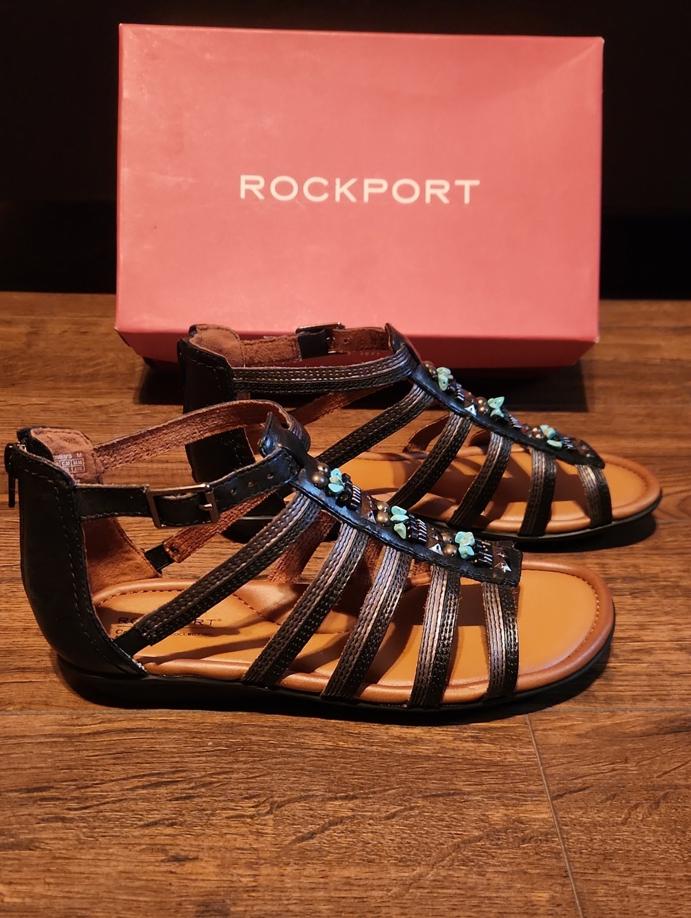 Women Rockport Black Strappy Sandals with Turquoise Accents